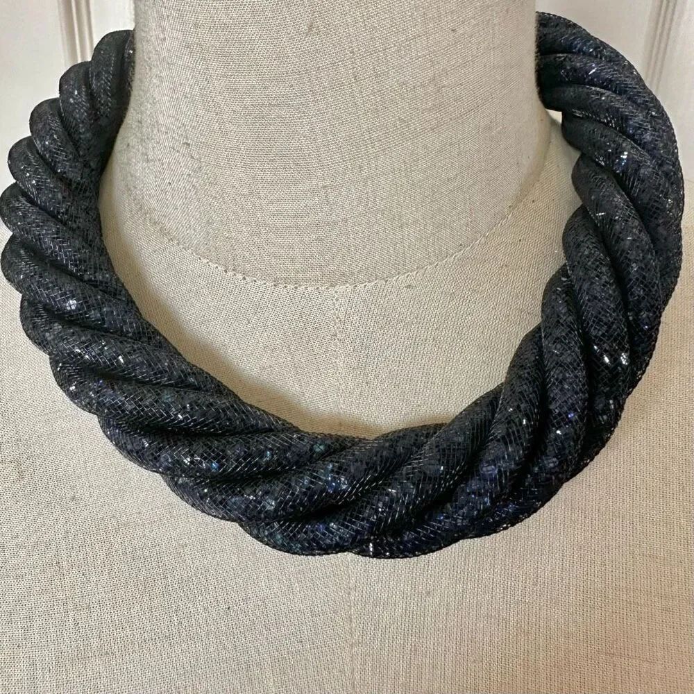 Twisted blue mesh and crystal beaded statement necklace